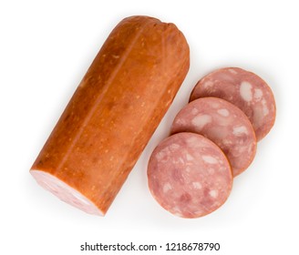 Sausage Cut Into Pieces On A White. The View From The Top.