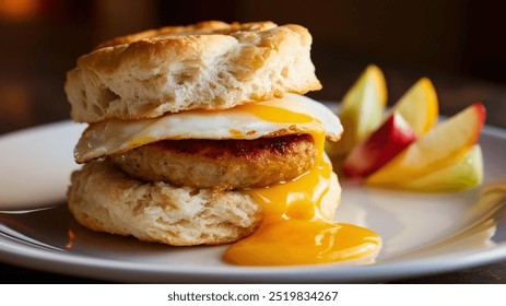 Sausage and Egg Biscuit: A savory breakfast sandwich featuring a fluffy biscuit, hearty sausage patty, and a perfectly cooked egg, ideal for a satisfying morning start. - Powered by Shutterstock