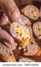 Sausage With Jalapeno Pepper And Cheddar On A Wooden Board, Copy Space And Selective Focus