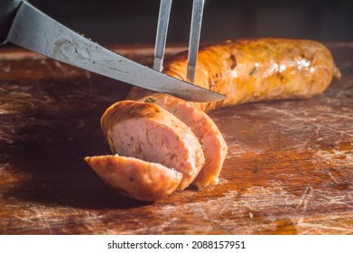 Sausage With Jalapeno Pepper And Cheddar On A Wooden Board, Copy Space And Selective Focus