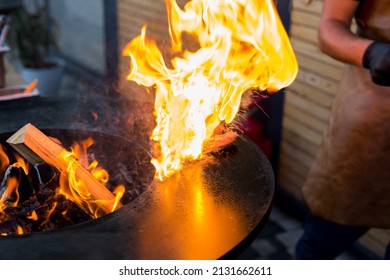 Sausage On Barbeque Smoker Grill. Hot And Smoked Sausage. Food Festival