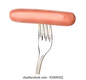sausage on a fork isolated on white background