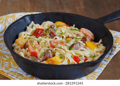 Sausage Pepper Fettuccini Skillet On A Table