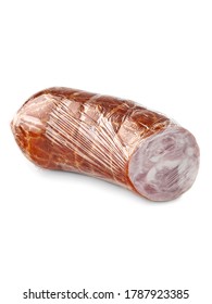 Sausage In Plastic Wrap On White Background Isolated