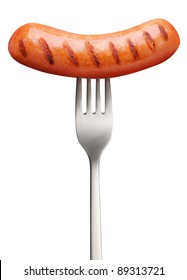 Sausage, prick with a fork. Object on a white background and contains clipping path.