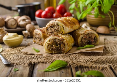 Sausage Roll Delicious Recepy From Mushrooms, Czech Hogkilling Sausage And Puff Pastry