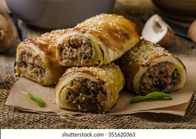 Sausage Roll Delicious Recepy From Mushrooms, Czech Hogkilling Sausage And Puff Pastry