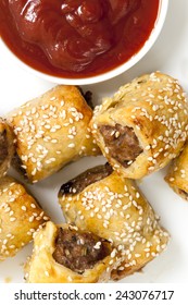 Sausage Rolls With Tomato Sauce Or Ketchup.  Overhead View.