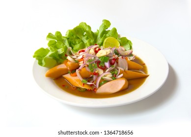 Sausage Slice Spicy Salad Chili Paste. Thai Food On Dish Isolated On White Background