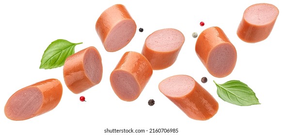 Sausage slices isolated on white background, full depth of field