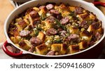 Sausage Stuffing: A hearty side dish made with seasoned sausage, bread cubes, herbs, and broth, baked until golden and crispy, often served during holidays like Thanksgiving.