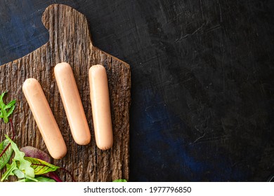 Sausage Vegetable Protein Veggie Meatless Soy Seitan Wheat Classic Taste Vegetarian Or Vegan Snack Sausages Healthy Meal Snack Top View Copy Space Food Background 