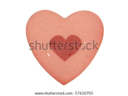 Sausagemeat in the shape of a heart, isolated on white background. 'Love meat' concept