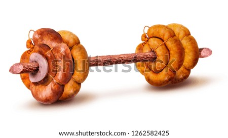 Sausages in the form of weight. Meat product in the form of a sports object. Sport. Health. Nutrition. Image on a white background.