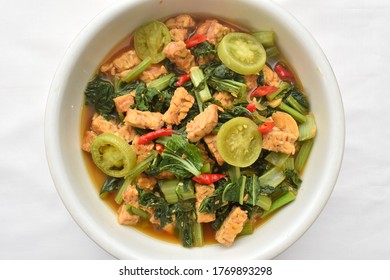 Sauteed Mustard Greens And Tempeh. Homemade Healthy Food.