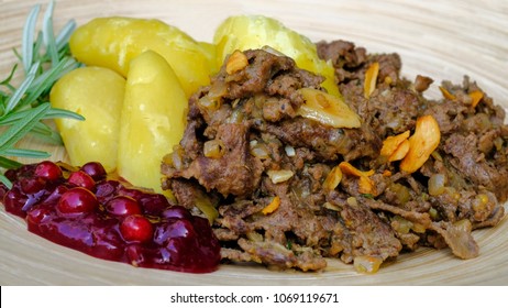 Sauteed Reindeer, Lingonberry Jam And Almond Potatoes Which Is A Finnish Speciality Called Also Yellow Finn And Puikula.  This Is Lapland Traditional Food.