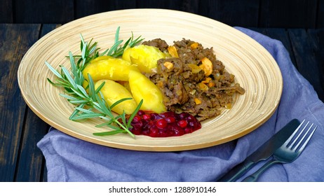 Sauteed Reindeer, Potatoes And Lingonberry Jam. A Typical Lapland Food In Finland And Sweden