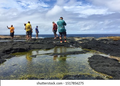 Savaii/Samoa_19 Sep 2019: People In Traditional Samoan Clothing Taking Photo At ALOFAAGA Blowholes.