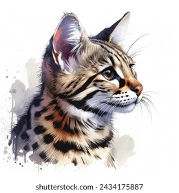 savannah cat looking to the side in a watercolour style on a white background