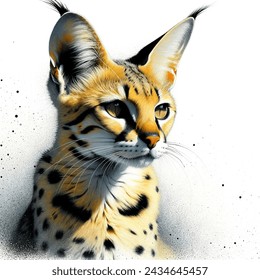 savannah cat looking to the side in a watercolour style on a white background