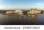 Savannah convention center in Savannah, Georgia. Waterfront American architecture. Southern USA cityscape at sunset