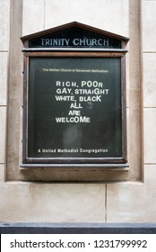 SAVANNAH, GEORGIA - AUGUST 2, 2018: A Plaque Welcoming A Rich, Poor, Gay And Straight People To The Trinity Church, A United Methodist Congregation.