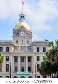 Savannah Georgia City Hall With MASK UP Banner