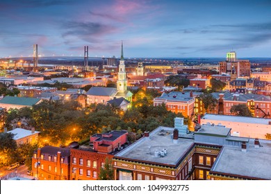 Savannah, Georgia, USA Downtown Skyline At Dusk.