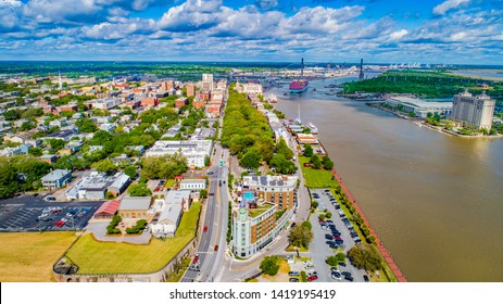 Savannah, Georgia, USA Downtown Skyline Drone Aerial