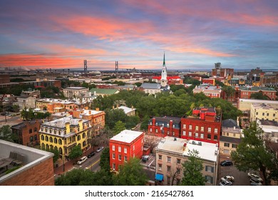 Savannah, Georgia, USA Downtown Skyline At Dusk.