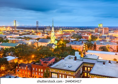 Savannah, Georgia, USA Downtown Skyline At Night.