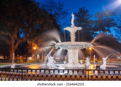 Savannah, Georgia, USA At Forsyth Park At Night.