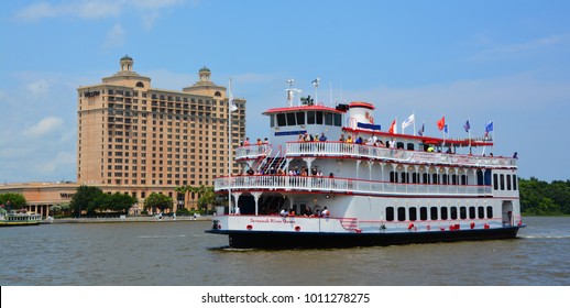 SAVANNAH, GEORGIA USA JUNE 27 2016: Savannah Riverboat, Georgia Queen On Excursion. The River Street Riverboat Company Was First Established In 1991 Under The Direction Of Jonathan Claughton.