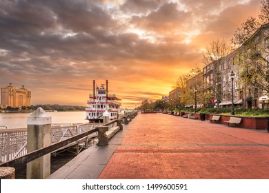 Savannah, Georgia, USA Riverfront Promenade At Sunrise.