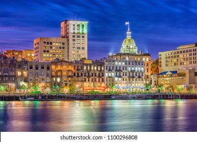 Savannah, Georgia, USA Skyline On The River At Night.