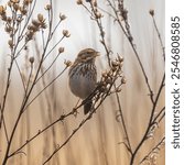 Savannah Sparrow (Passerculus sandwichensis) feeding on native Tarweed  (Madia sativa) seeds in the fall.
Finley National Widllife Refuge, Oregon.