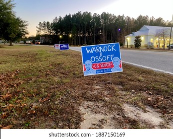 Savannah,Georgia.United States-Jan 03 2021: State Of Georgia Senate Runoff Election Signs On The Roadside .