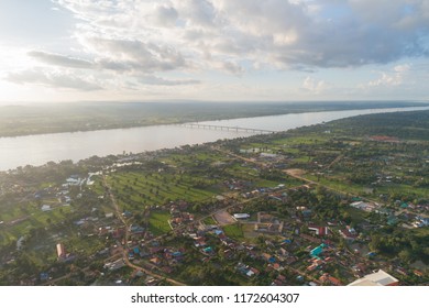 Savannakhet, Laos, 05 Of September 2018. The Aerial View Of The Friendship Bridge At Savannakhet Border. It Is An Important Bridge To Do A Communication And Business Both Lao-Thai.