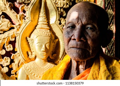 Savannakhet / Laos - January 09 2007: Portrait of an old Buddhist monk.