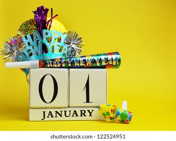 Save the date, January 1, with this decorative vintage white block calendar with Happy New Year hat and decorations against a bright and cheerful yellow background.