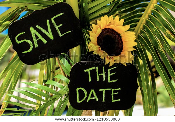 Save Date Sign Hanging On Palm Stock Photo Edit Now 1210533883