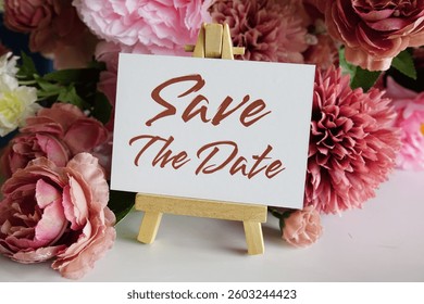 Save the date text write on paper card with wooden easel and flowers decoration on wooden background