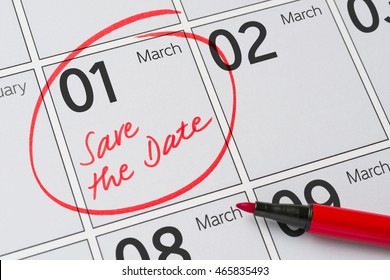Save the Date written on a calendar - March 1