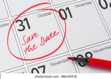 Save the Date written on a calendar - October 31 - Shutterstock ID 486145918
