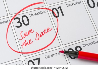 Save the Date written on a calendar - November 30 - Shutterstock ID 492440542