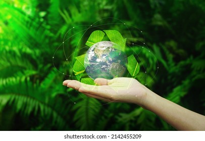 Save earth concept. Hands with Earth and recycle logo over green nature background. Earth image courtesy of NASA. 