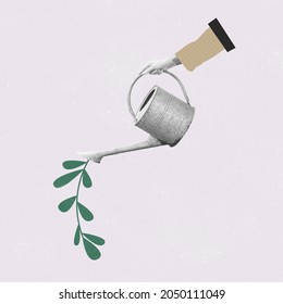 Save Earth. Ecology concept. Contemporary art collage of human hand wotering plant with watering can. Take care of nature. Concept of nature, water, life, ecology. Copy space for ad