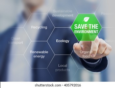 Save The Environment Icon Touched By A Businessman, Climate Change Conference