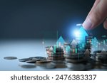 Save money for investment concept. Stack of coins with trading chart in financial, stock market, wealth economy, interest rate, Inflation and tax. Saving money, long term investment