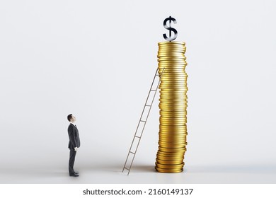 Save Money And Investment Growth Concept With Businessman Standing In Front Of Ladder Leaning Against High Golden Coins Stack And Dollar Sign On Top